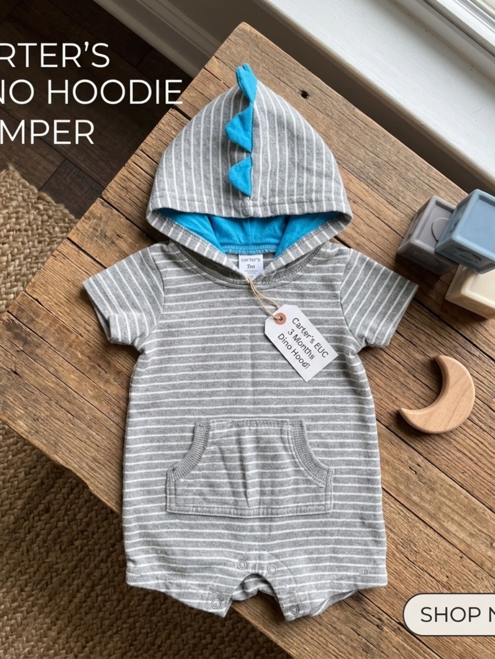 Carters 3M Dinosaur Hooded Romper Grey White Stripe Blue Spikes Short Sleeve